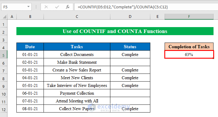 How to Calculate Percentage of Completion in Excel 