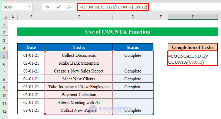 Use COUNTA Function to Calculate Percentage of Completion in Excel