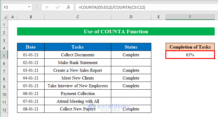 Use COUNTA Function to Calculate Percentage of Completion in Excel