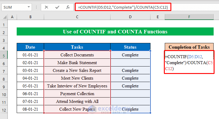 Combine COUNTIF and COUNTA Functions to Calculate Percentage of Completion