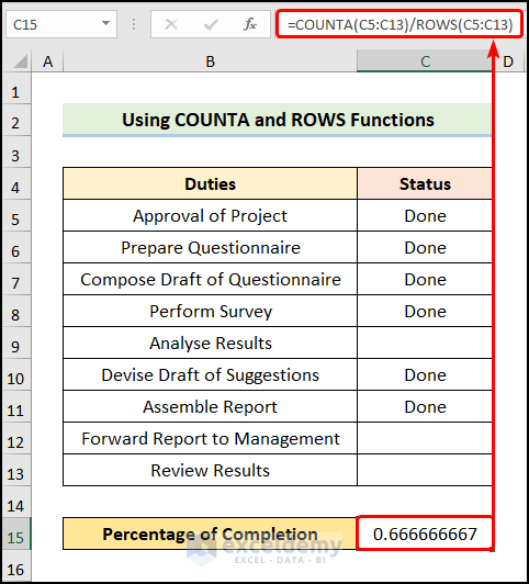 Using COUNTA and ROWS Functions