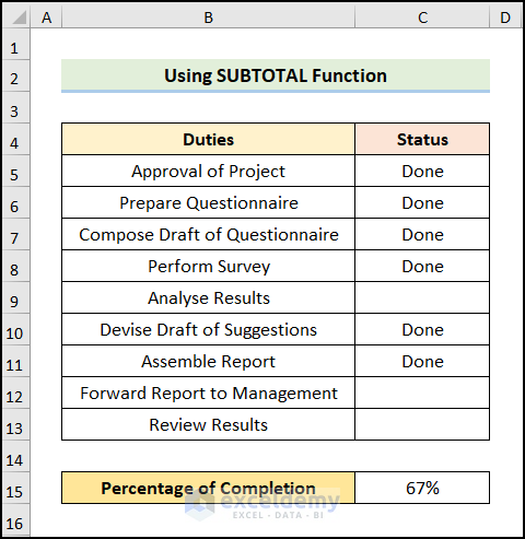 how to calculate percentage of filled cells in excel Using SUBTOTAL Function