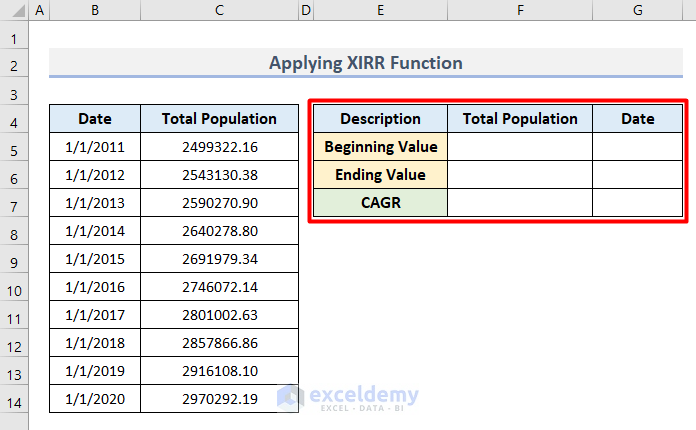 Compound Annual Population Growth Rate Estimation in Excel