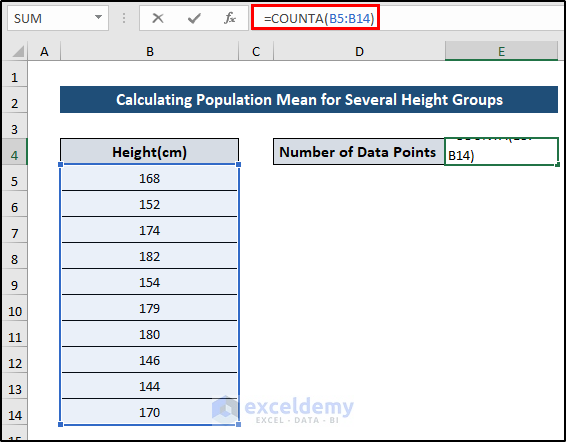 Calculate Population Mean for Several Height Groups in Excel