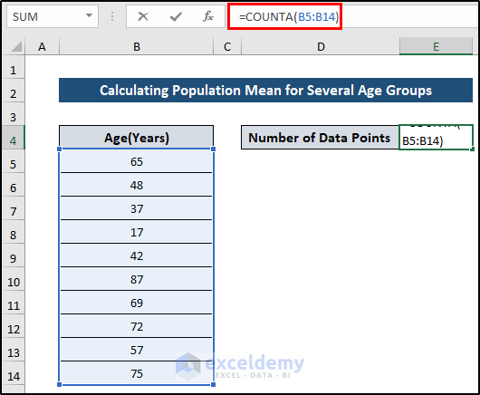 Calculate Population Mean for Several Age Groups in Excel