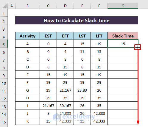 Use Fill Handle Tool for Calculating Slack Time Using the Start Time