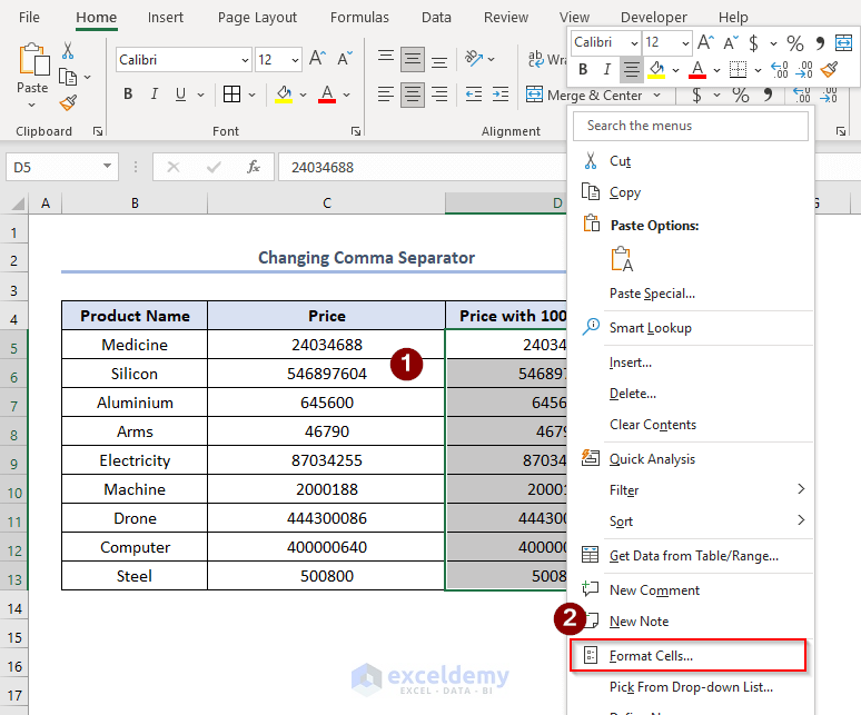how to change 1000 separator to 100 separator in excel