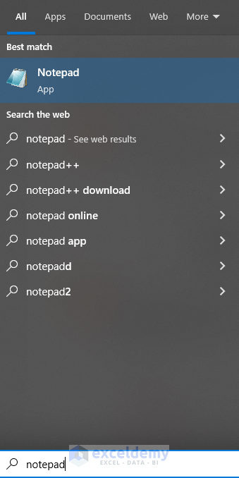 Type Notepad in the search box