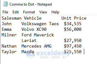 Paste the data range from Excel to Notepad