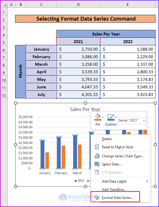 Selecting Format Data Series Command as An Easy Step to Change Width of Column in Excel Chart