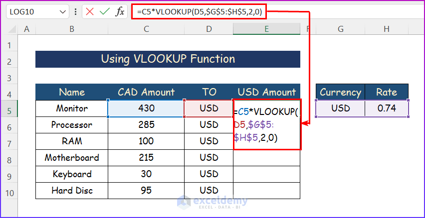 Using VLOOKUP Function to Convert CAD to USD in Excel