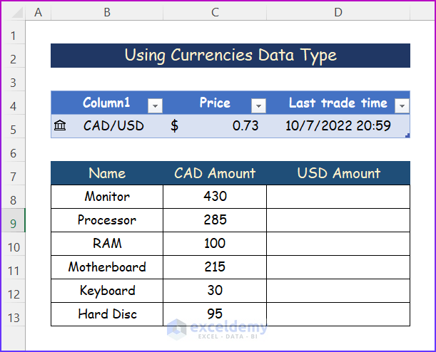 How to Convert CAD to USD in Excel by Using Currencies Data Type