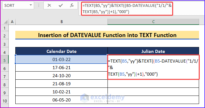 Insert DATEVALUE Function into TEXT Function to Convert Date to Julian Date in Excel