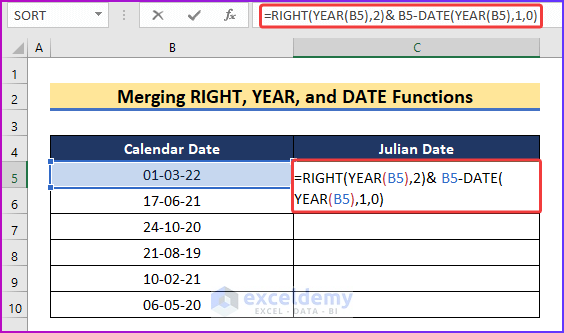 Merge RIGHT, YEAR, and DATE Functions to Convert Date to Julian Date in Excel