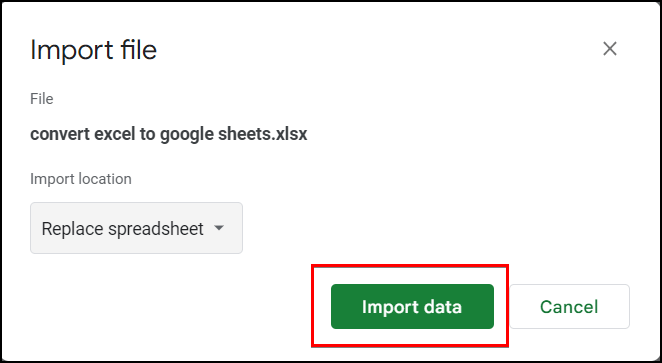 Clicking Import data button