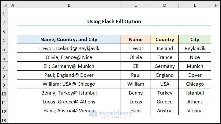 excel text to columns multiple delimiters with Flash Fill option