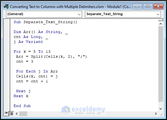 VBA Code for excel text to columns multiple delimiters