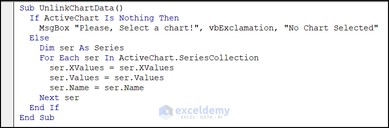 VBA code to Unlink Chart from Source Data in Excel