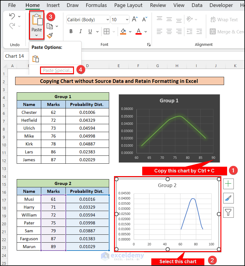 going to the paste special option in Excel