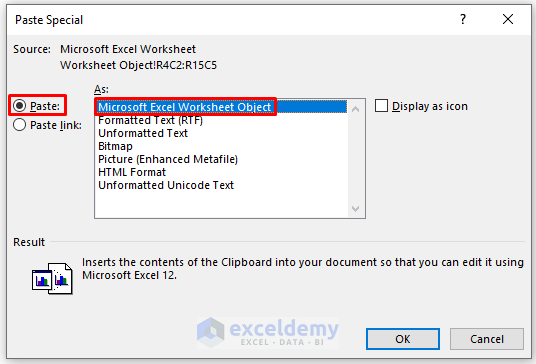 Choose Paste Option to Copy Table from Excel to Word with Gridlines as Worksheet Object