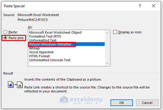 Choose Paste Link Option to Copy Table from Excel to Word as Picture and Keep Formatting