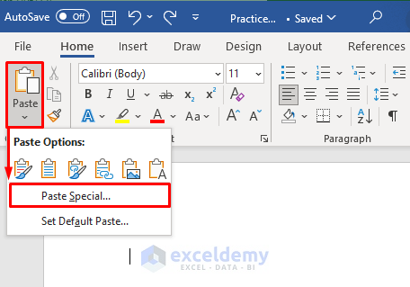 Select Paste Special to Copy Table from Excel to Word with Gridlines as Worksheet Object