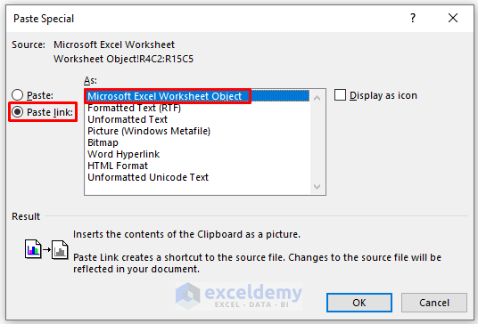 Choose Paste Link Option to Copy Table from Excel to Word with Gridlines as Worksheet Object
