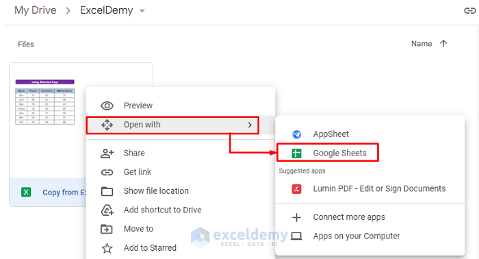 Select Google Sheets from the Context Menu to Copy from Excel