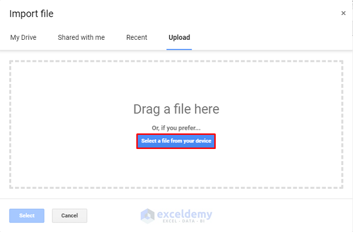 Select a File to Transfer Excel File to Google Sheets