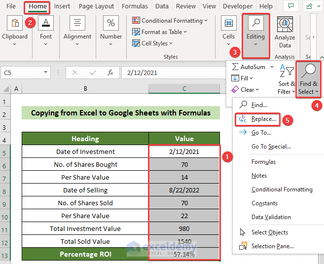 Access the Replace Tool to Copy from Excel to Google Sheets with Formulas