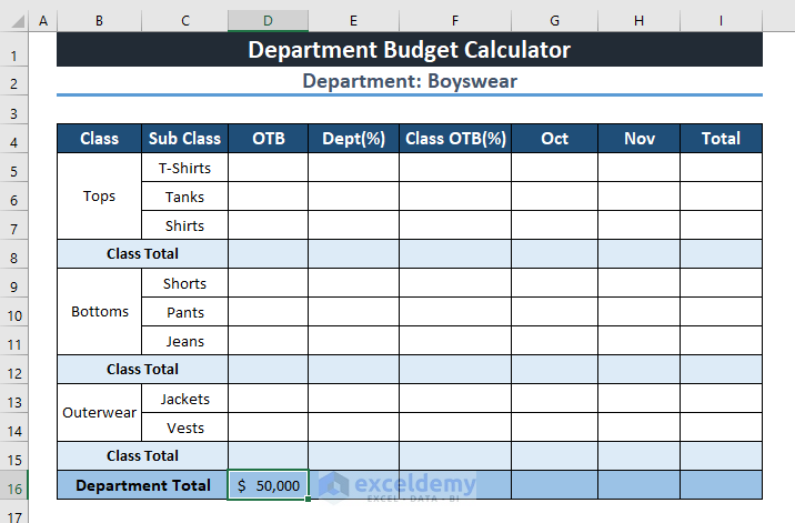 Department Budget in Excel calculator