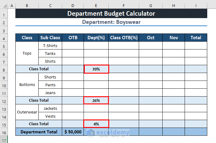 Percentage of Classes in Excel to Create Department Budget
