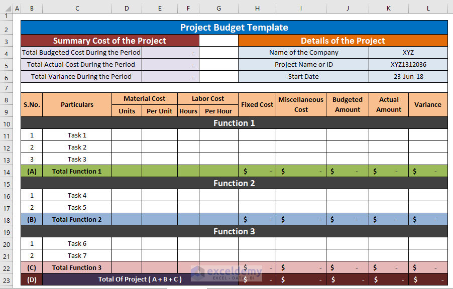 Project Cost Template in Excel