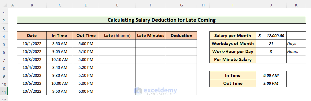 Create a Dataset and Layout Template for salary deduction of late coming in Excel