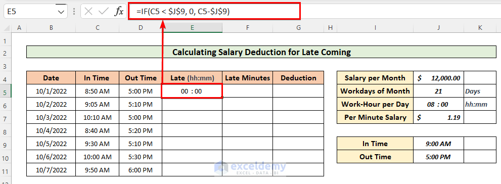 Calculate Late Time for Each Day using IF function