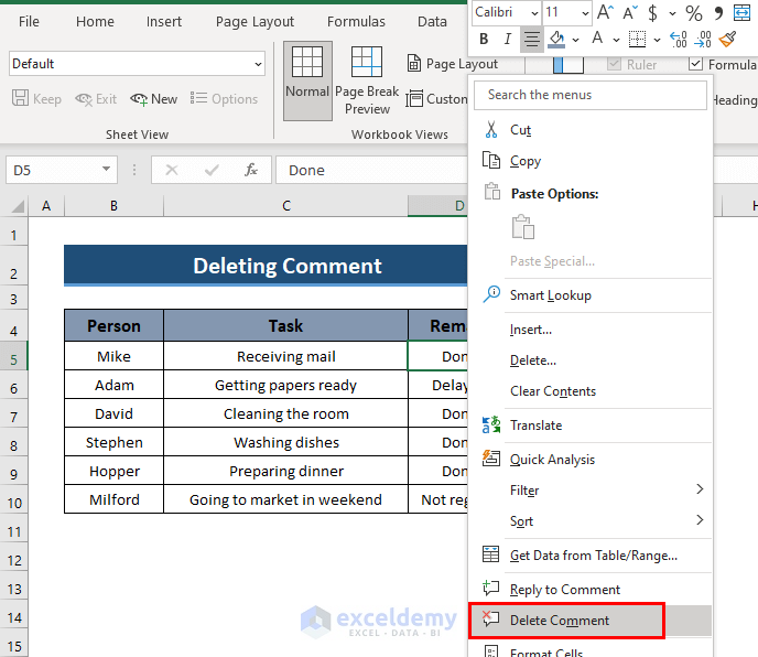 Deleting Comment in Excel