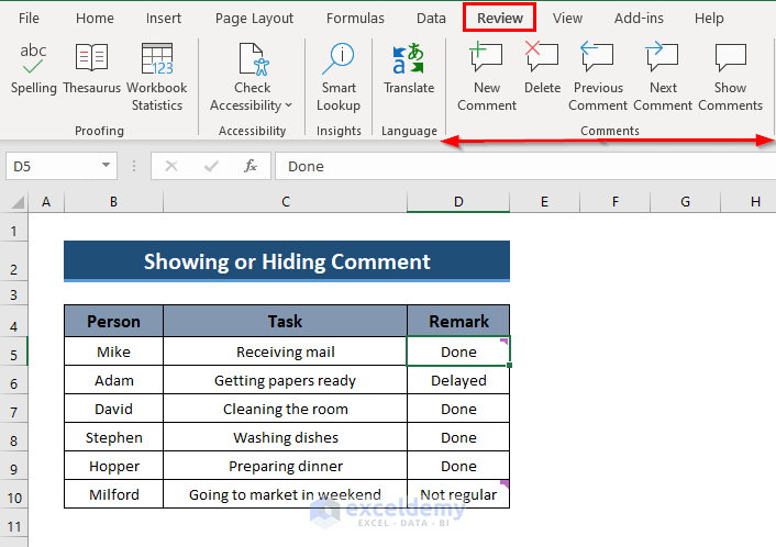How to Show/Hide Comment in Excel