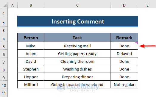 Inserting Comment in Excel