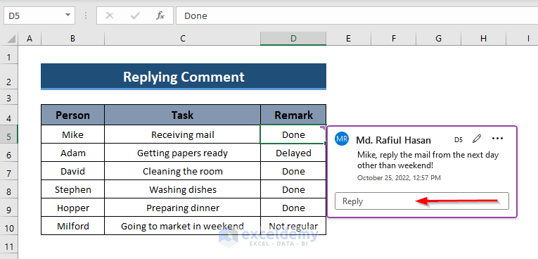 How to Reply Comment in Excel