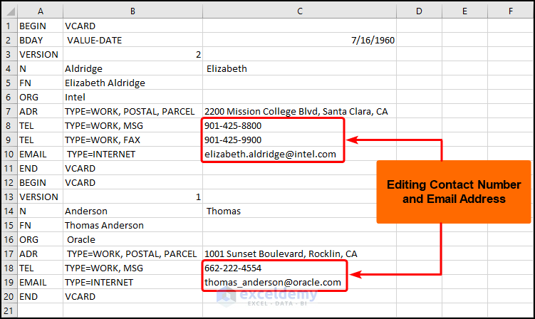Editing imported vcf file in excel