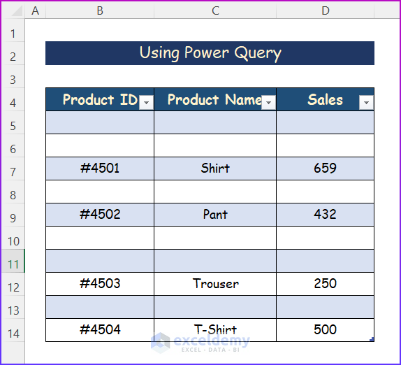 Power Query Table to Fill Blank Cells with Value Below in Excel