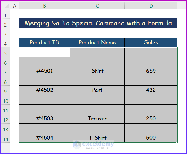 Merging Go To Special Command with a Formula to Fill Blank Cells with Value Below in Excel