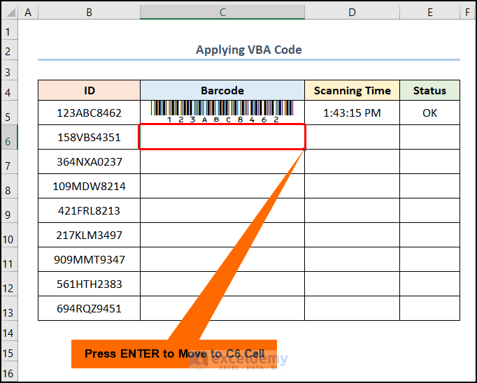 barcode scanner not going to next line in excel