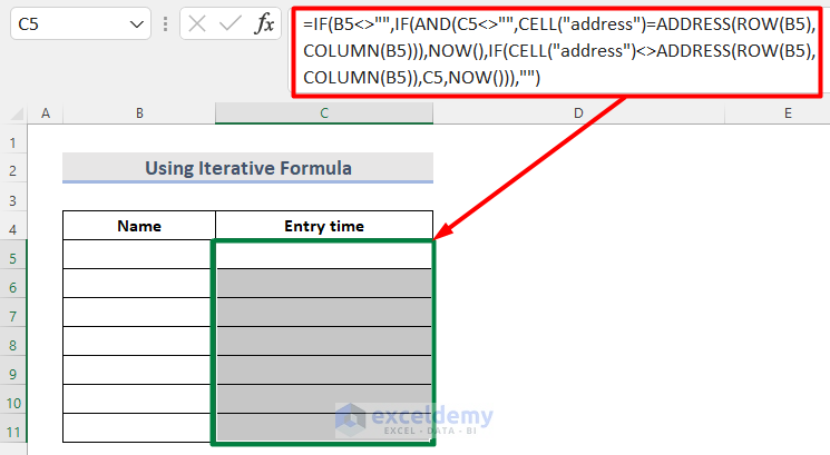 Insert Current Timestamp Using Formula with IF, CELL, ADDRESS, NOW and COLUMN Functions