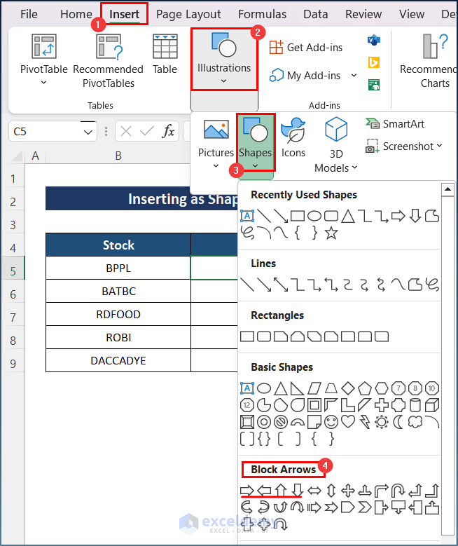 Insert Red Arrow as a Shape in Excel Cell
