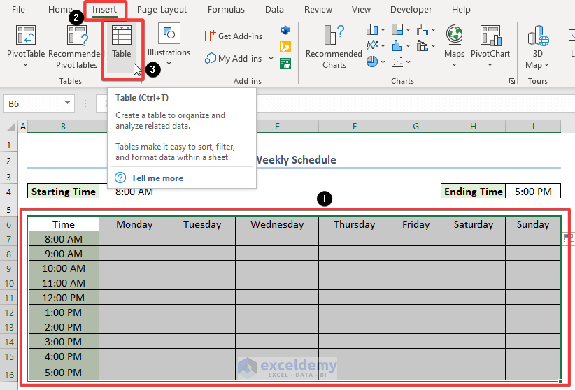 create an Excel table