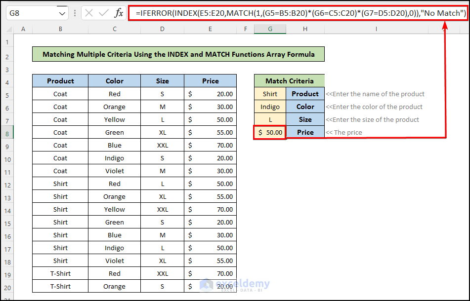 Using INDEX and MATCH functions Match Multiple Criteria from Different Arrays in Excel