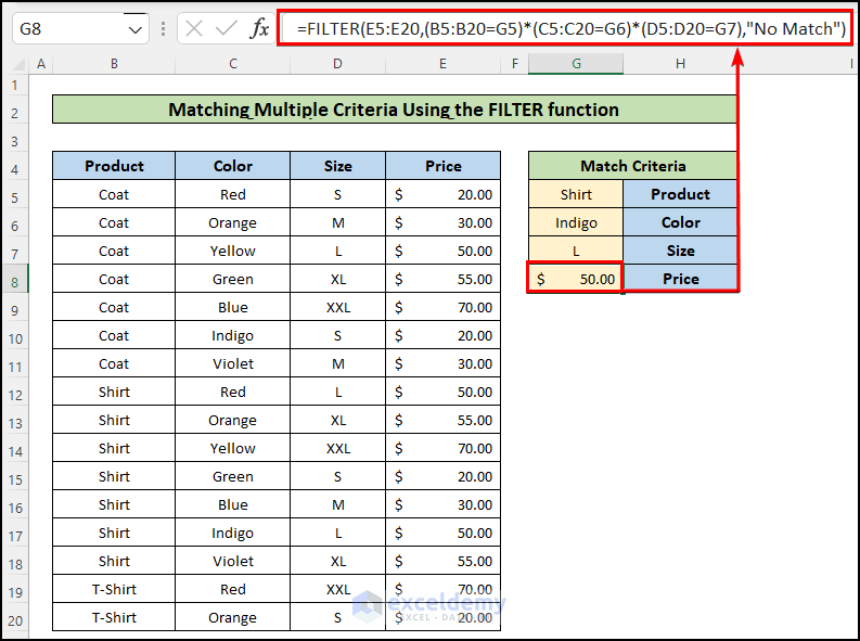 Using the FILTER Function to Match Multiple Criteria from Different Arrays in Excel