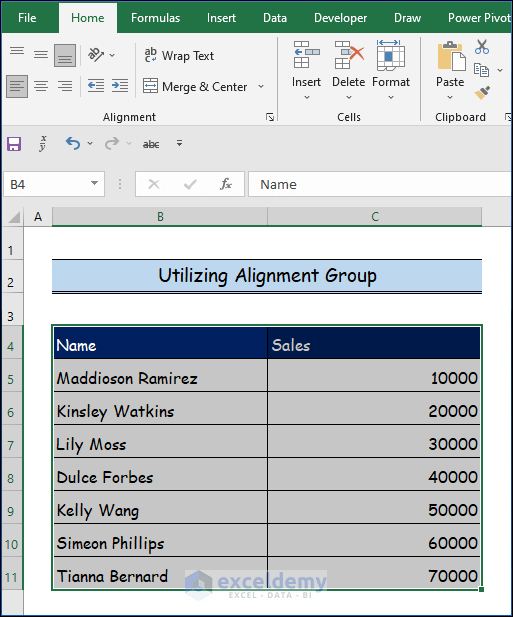 Utilizing Alignment Group to Middle Align in Excel