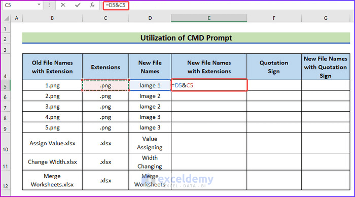 Using Ampersand to Write New File Name for Utilizing CMD Propmt as An Easy Way to Rename Files in A Folder in Excel